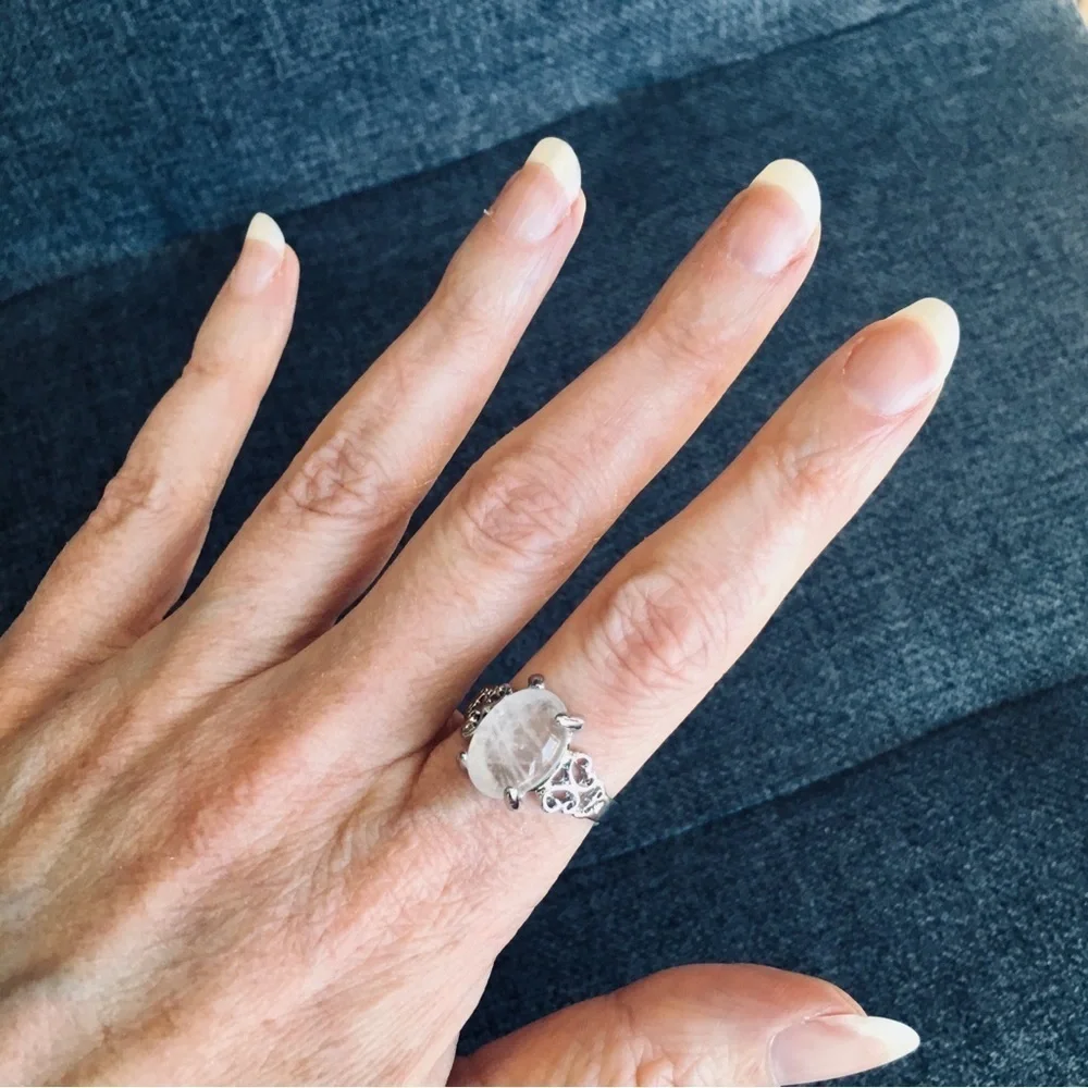 Light Pink Rose Quartz Stone + Silver Fashion Ring
